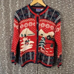 Vintage North Crest Knit Holiday Cardigan Sweater Ice Skate Winter Women's S